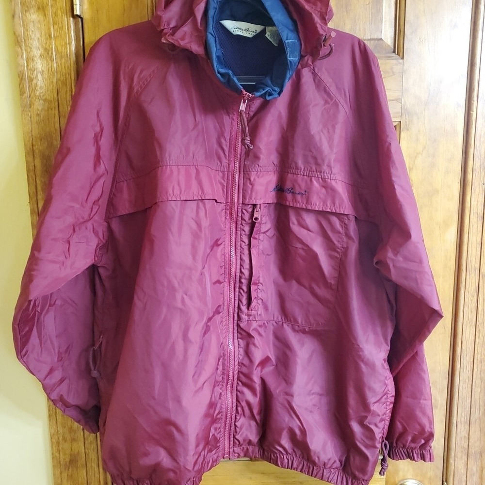 Eddie Bauer L Windbreaker Jacket Mens Red Vintage Hooded Nylon Rain Coat Shell